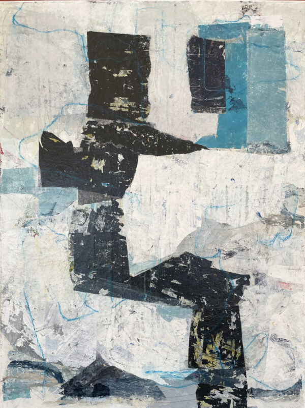 A shadow of a doubt, abstract with dark figure, blue and white