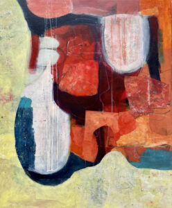abstract met dominante kleuren rood, wit, zwart en oranje
